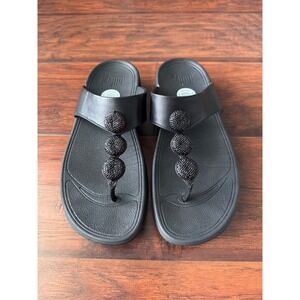 FitFlop "Petra" Black Crystal Beaded Leather Thong Sandals Sz 8 Comfortable Walk